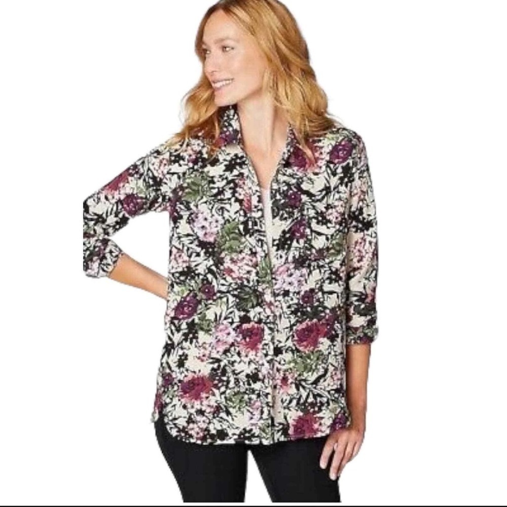 J. Jill Oak Print Floral Button Up Blouse Flowy Boho Office Teacher Coastal Sz M
